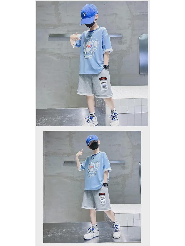2024 Boys' Summer Short-Sleeved Outfit: Sporty & Stylish Fit for Medium and Large Boys