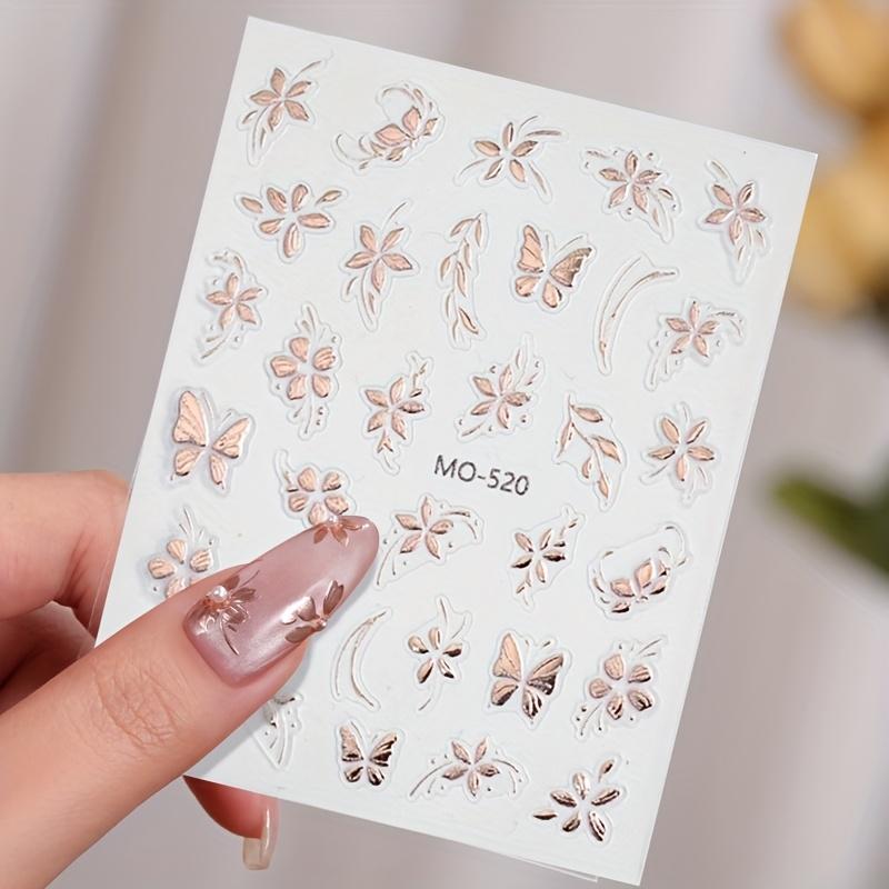 1pc Luxury Golden & Rose Golden Embossed Stickers - Floral Butterfly & Leaf Design, Self-Adhesive Plastic Nail Art Decals for Summer Nail Decor