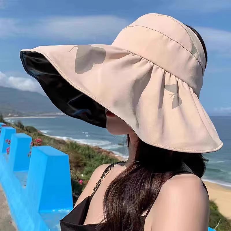 

2025 Black Vinyl Open-Top Sun Hat with Large Brim, UV Protection & Ponytail Access хакі