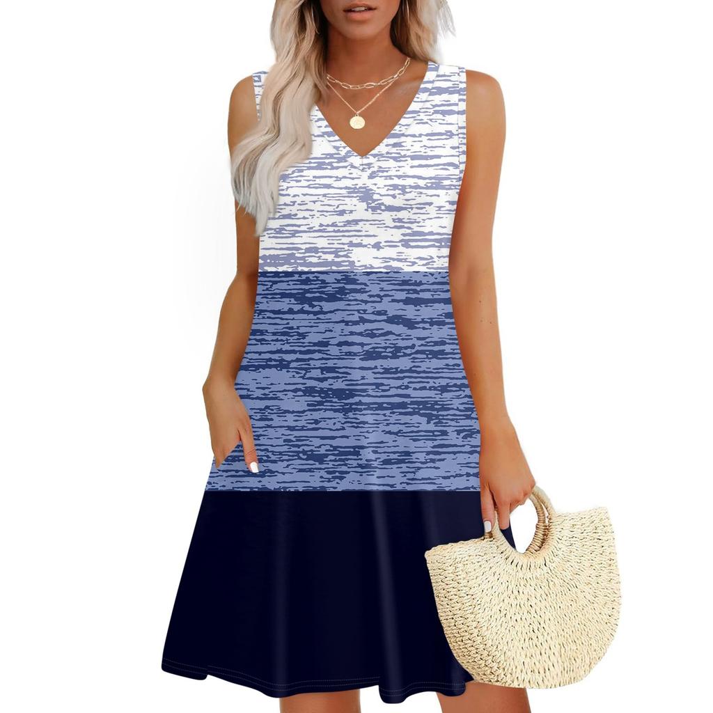 Women's Summer Dresses Loose Fit Printed V Neck Sleeveless Sundresses Beach Hawaiian Dress With Pockets