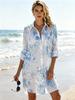 Plus Size Women's New Long Sleeve Printed Shirt Loose Fit Button Lapel Pocket Beach Printed Shirt, Plus Size Shirt