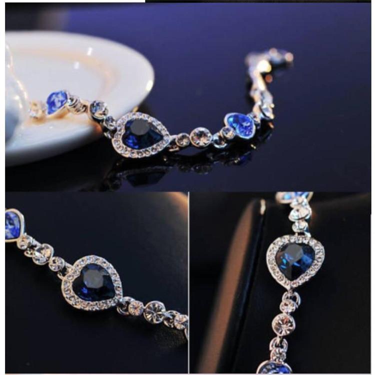 Women Ocean Blue Crystal Rhinestone Heart Bangle Bracelet