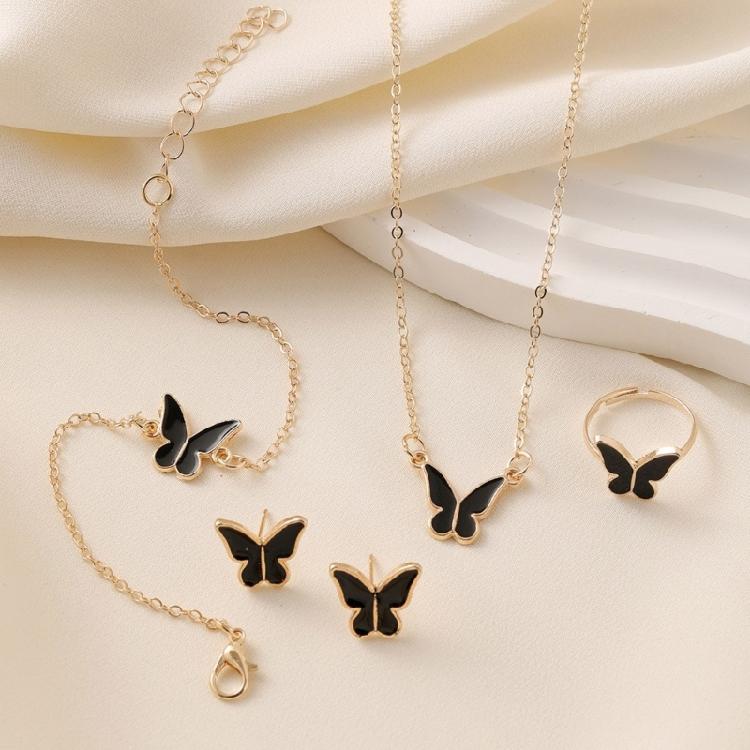 Contemporary Butterfly Necklace Bracelet Ring Earrings Jewelry Set Craftsmanship for Allergy Free Wear and Lasting Shine
