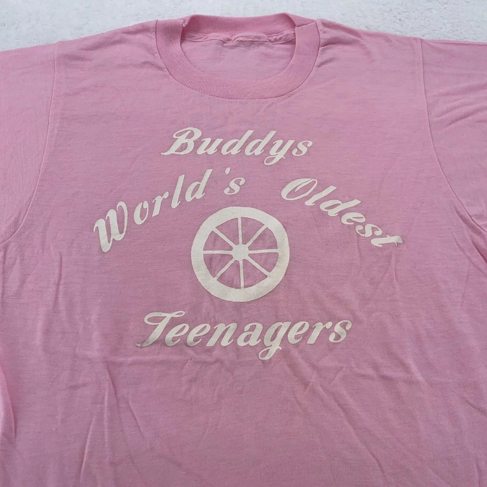 

Vintage Buddy s Worlds Oldest Teenagers Shirt Mens XS/S Pink Funny Graphic 80s 4XL