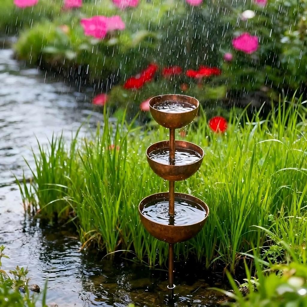 Outdoor Garden Metal Rain Collector With Stake And Bowl Handcrafted Rust-resistant Durable For Water Recycling Plant Irrigation