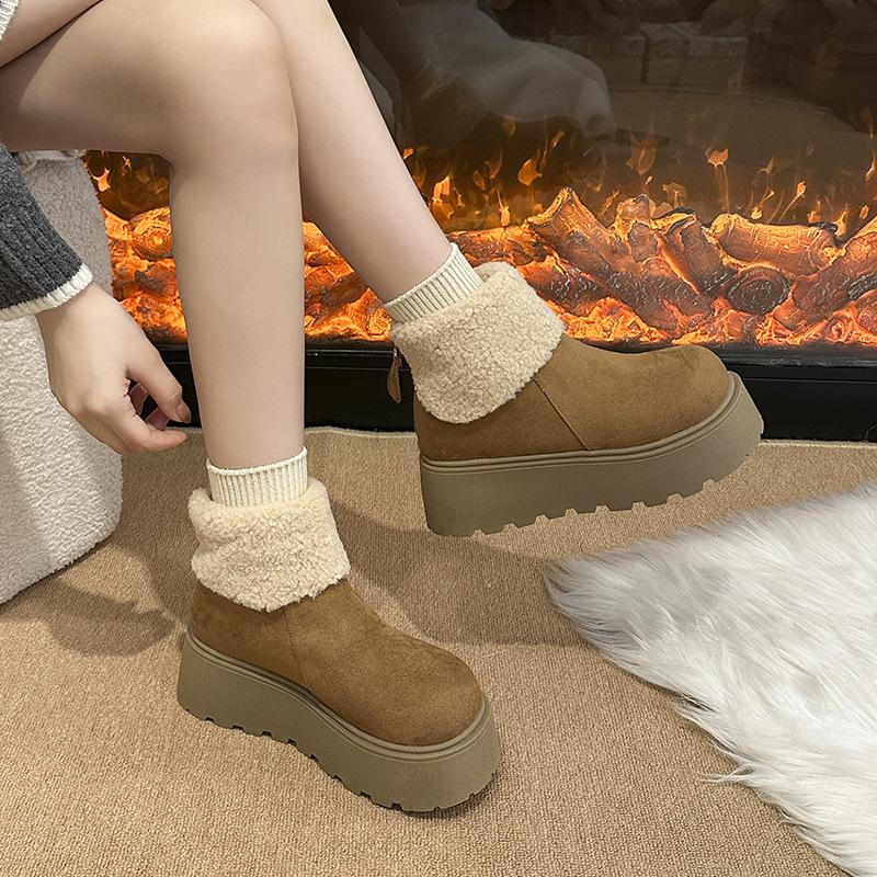 Thick-soled heightening snow boots women's 2025 new autumn and winter plush warm fluffy short boots fashionable ugly and cute big-headed cotton shoes
