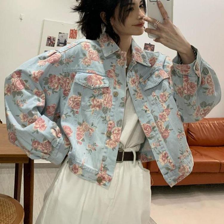 Women Denim Jacket Vintage Floral Print Casual Short Basic Coat Autumn Outwear Female Fashion