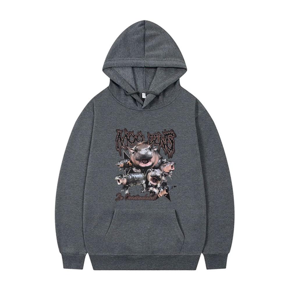 Moo Deng Vintage Grafik Hoodie Baby Nilpferd Lustiges Meme Kapuzen Trainingsanzug Herren Damen 90er Übergroßer Pullover Männlich Gothic Rock Hoodies