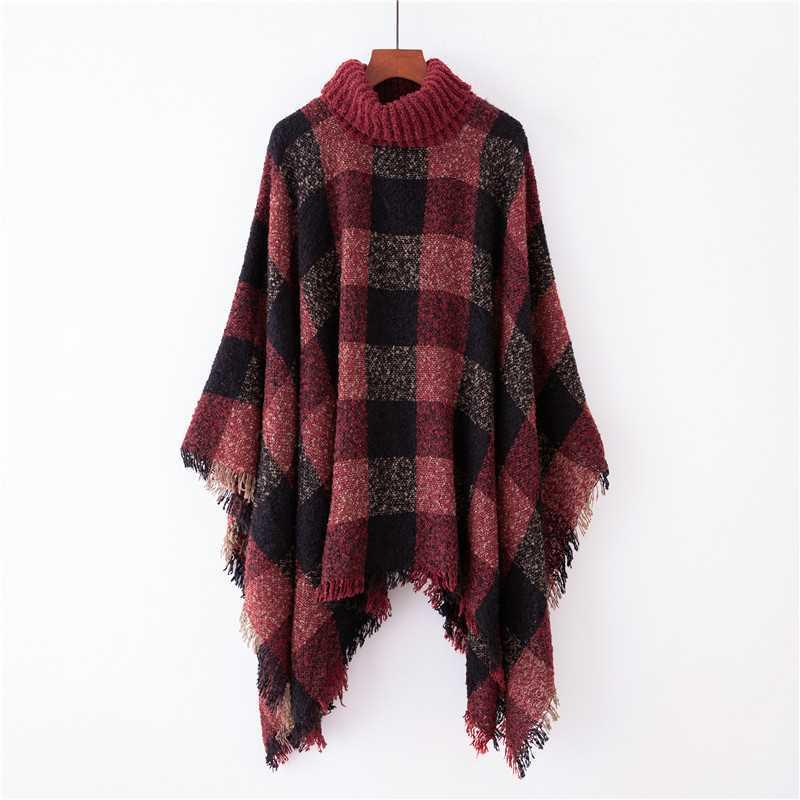 European and American High Neck Plaid Cape - Batwing Sleeve Knitted Pullover Shawl for Women