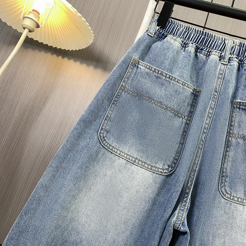 Dimanaf 2025 Übergröße Sommer Blau Basic Elastische Jeans Neue Hose Damen Locker Denim Hose Groß Lässige Hose