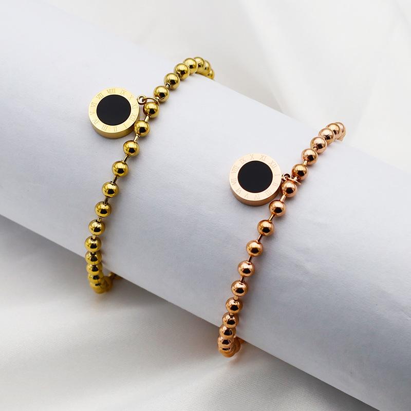 Retro Black And White Double-Sided Roman Premium Digital Bracelet Women'S Non-Fading Round Bead Titanium Steel Bracelet