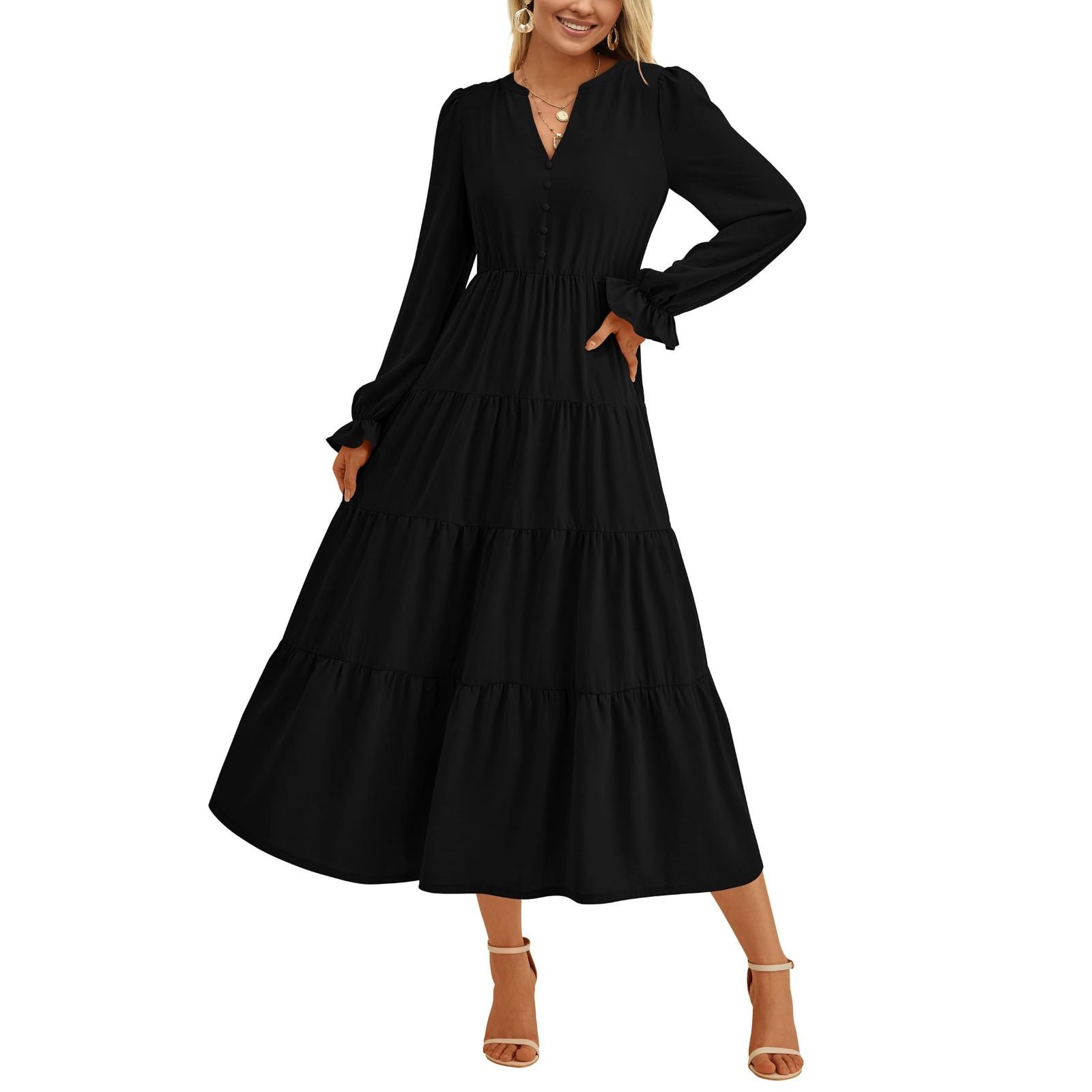 

Женские модные повседневные платья с V-образным вырезом, многослойными оборками, пуговицами и длинными рукавами L чёрный