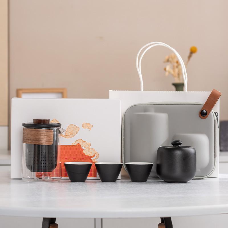 Yuanshan suet jade porcelain travel tea set outdoor set high-end celebration commemorative business souvenir gift box gift bag