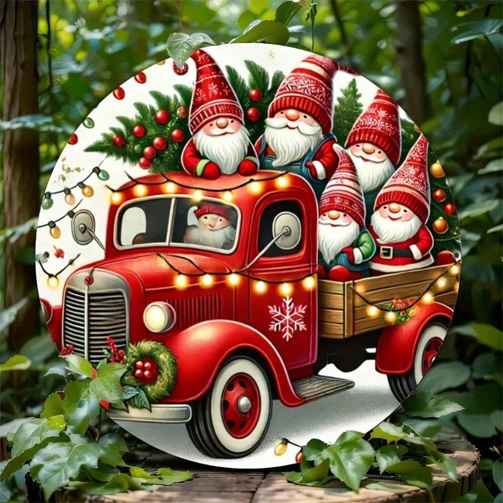 Santa Sleigh Round Metal Tin Sign Vintage Christmas Wall Decor for Home