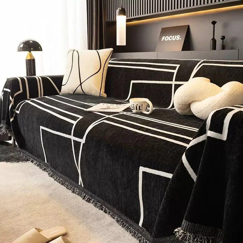 Black Lines Chenille Sofa Cover Cloth Sofa Blanket Cover Full Cover Universal Couch Towel Cover Dust Proof Sofa Cushion Cover