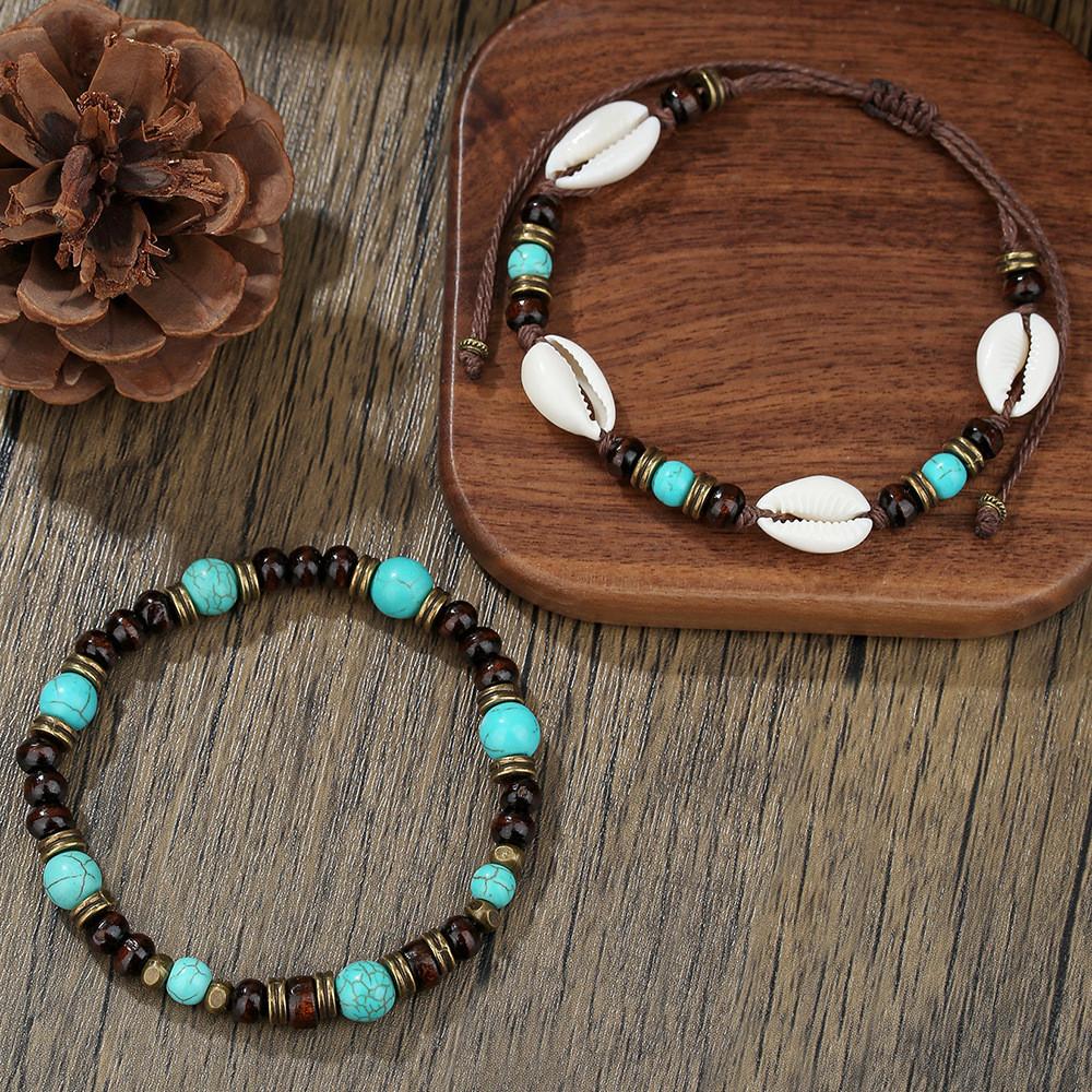 Mehrschichtiges, stapelbares Armband-Set aus Holzperlen für Damen und Herren im handgefertigten afrikanischen Türkis-Stil