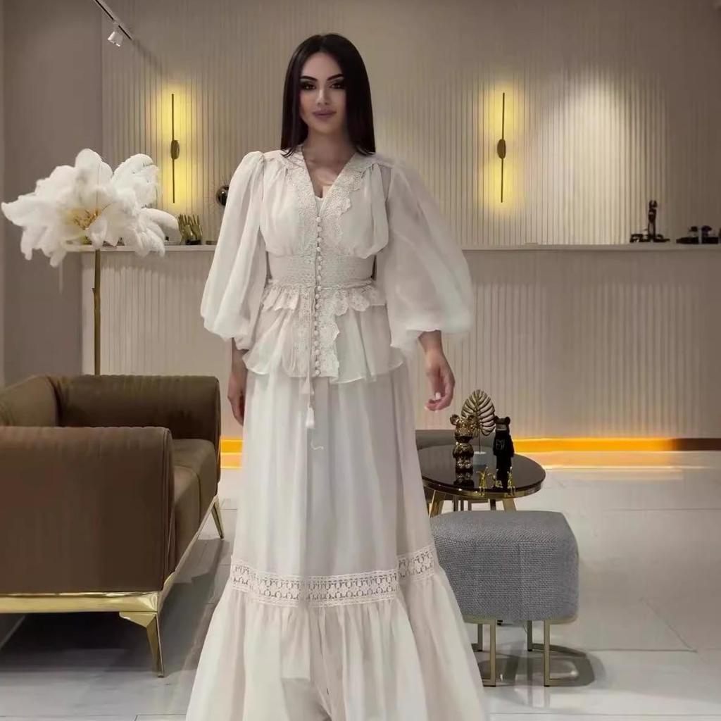 2024 Summer European & American Women's Solid Ruffle Top & Elegant Midi Skirt Set