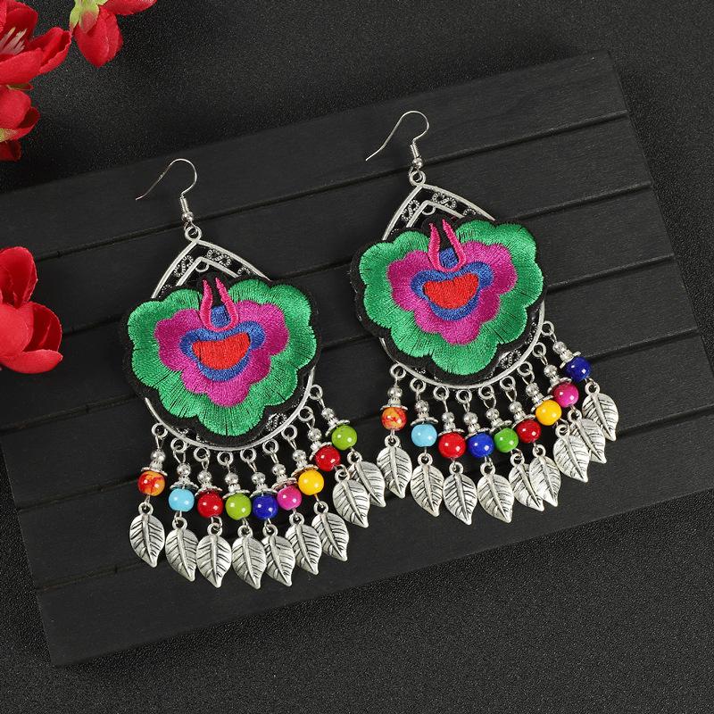 Yunnan Double-sided Embroidered Fabric Earrings, Long Leaf Tassel Personalized Earrings, Retro Miao Earrings for Women