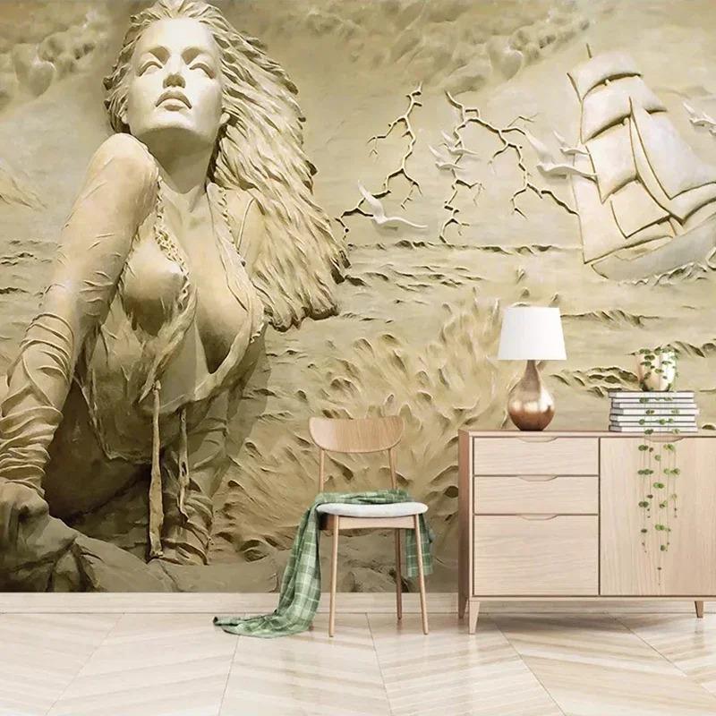 Custom Wall Mural Art Wall Painting European Style Golden 3D Stereoscopic Relief Sea Wave Sailboat Beauty Photo Wallpaper Murals