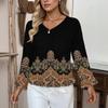 Women's Casual Fashion Ruffle V-Neck Pocket Retro Print Long Sleeve Top