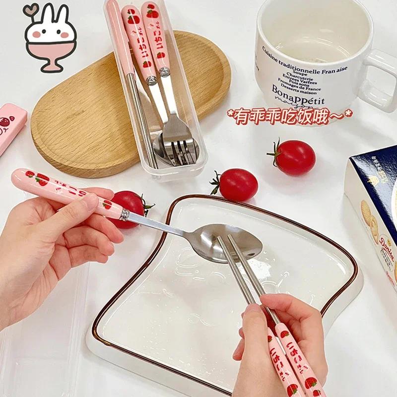 1set Korean Style Cute Strawberry Chopsticks Spoon Fork Cutlery Set with Box Portable Stainless Steel Tableware Kitchen Utensils