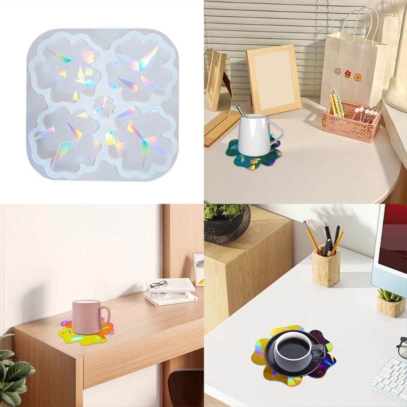 Easy To Demold Rainbow Effect Coaster Mold Holographical Silicone Mould for Crafting Flower Drink Mats Party Supplies
