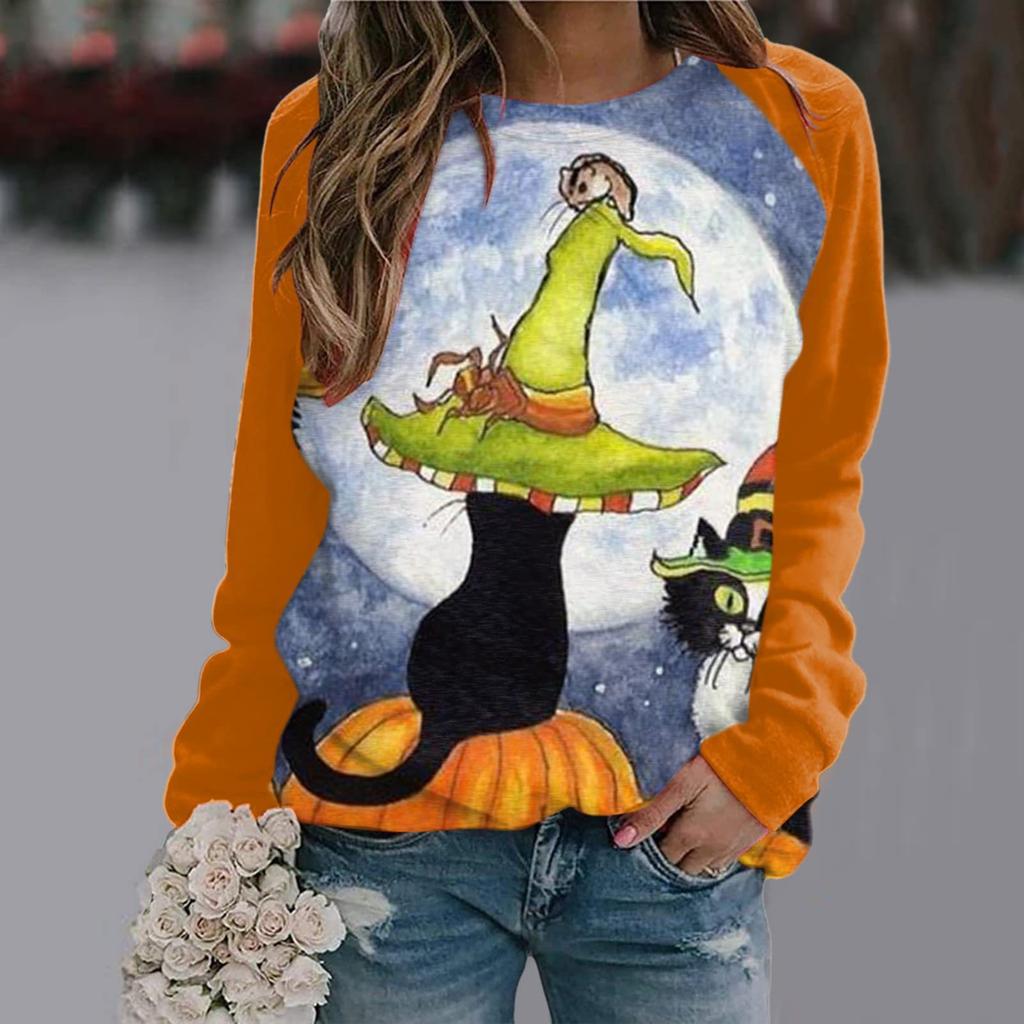 Round Neck Long Sleeved Color Blocked Women's Clothing 3D Printing Halloween Pumpkin Castle Dark Pattern Women Pullover