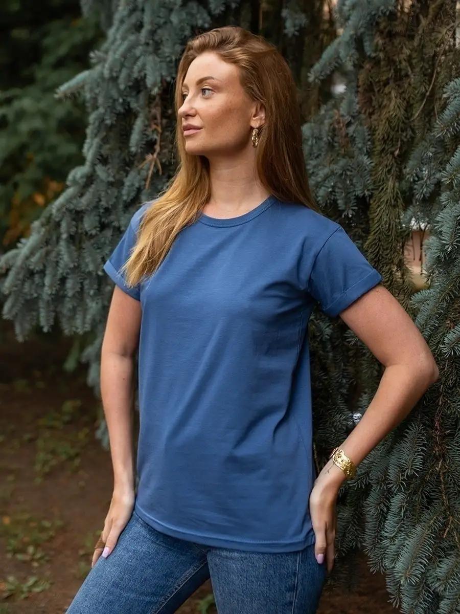 Женская футболка Индиго Однотонная Хлопок Базовая Свободная 2XL