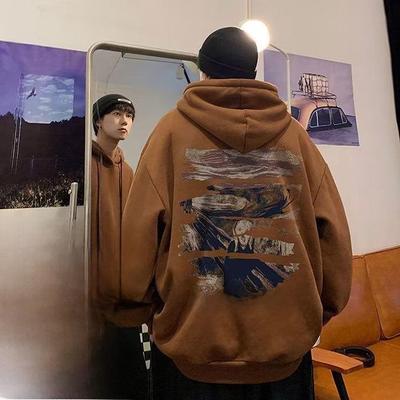 2023 Men's Trendy Printed Velvet-Lined Hooded Pullover: Loose Fit for Autumn/Winter
