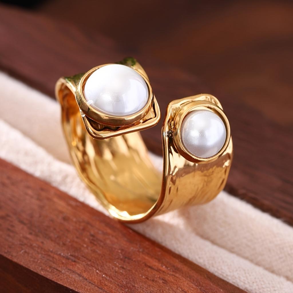 Chic fransk-inspirert åpen ring i rustfritt stål med fuskperle - Vanntett, perfekt for hverdags- og feriebruk