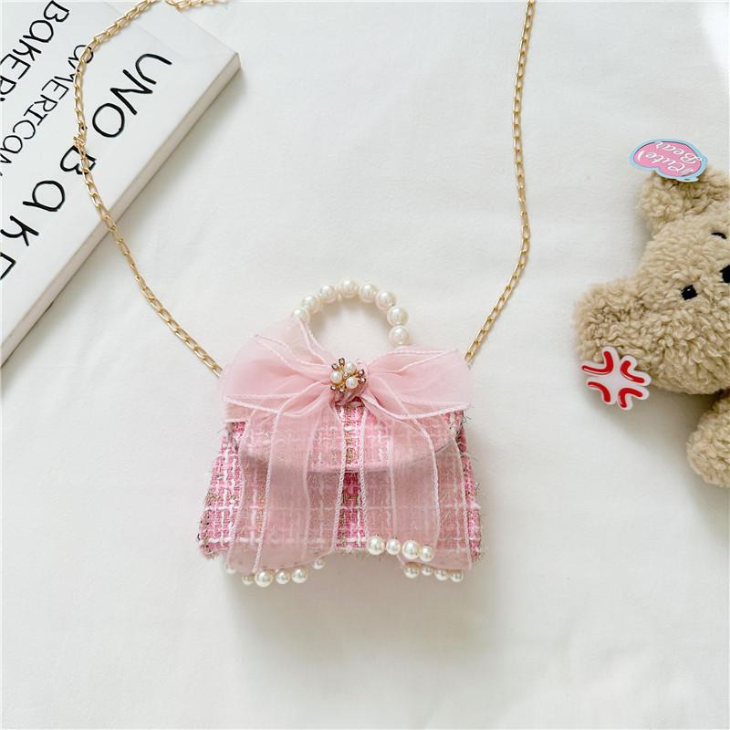 Adorable Korean Style Mini Pearl Handbag For Kids Chic Chain Crossbody Bag розовый