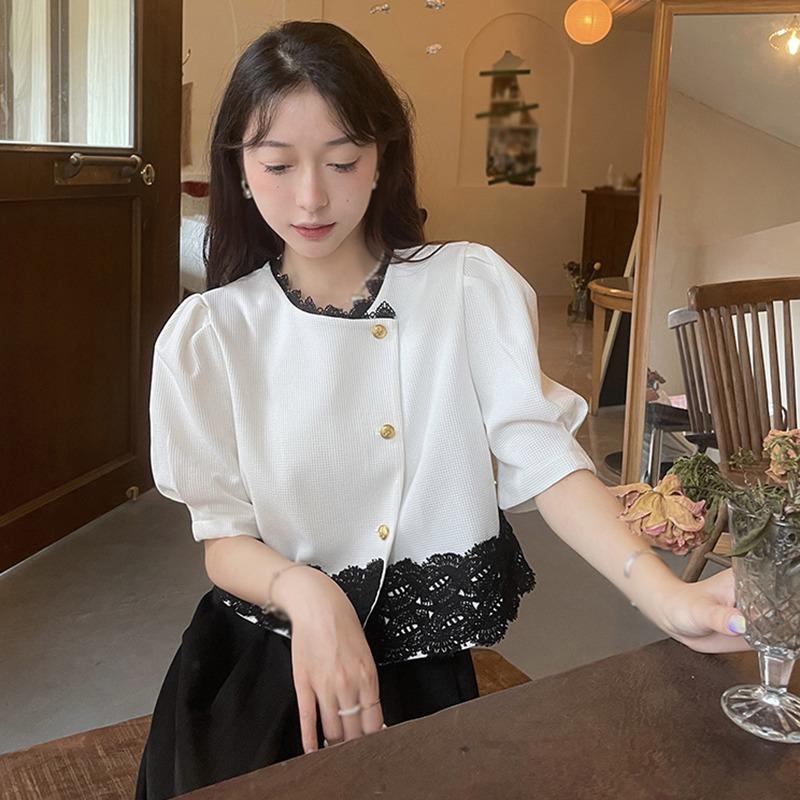 

Harajpee винтажная кружевная рубашка нестандартной формы, однобортное женское тонкое пальто с цветочным принтом и круглым вырезом, короткие топы с пышными рукавами One Size