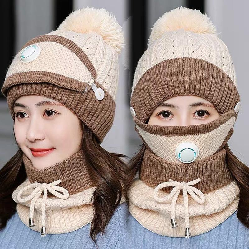 

3PCS Winter Fashion Warm Scarf and Hat 3-Piece Set for Women Knitted Printed Skin Friendly Breather Valve Warm Earcup Accessory бежевый