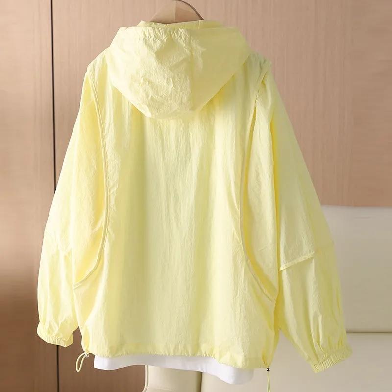 Simple Female Summer Leisure Versatile Hooded Sunscreen Tops  Jacket Women Solid Color Loose Fit Hooded Sunscreen Flothing Coat