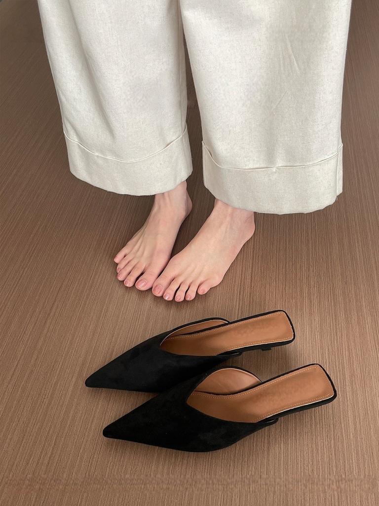 Baotou Half Slippers Outer Wear Women's Shoes Summer Thin Heels Not Tired Feet Suede Pointed Sandals