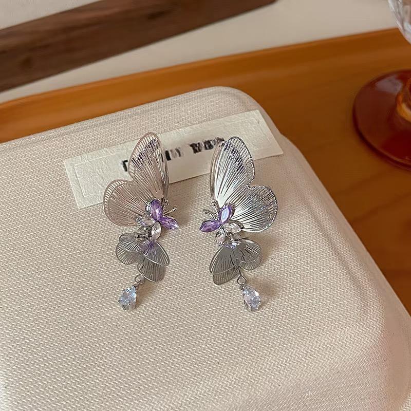 Sweet Season Butterfly Smart Three-Dimensional Retro Exaggerated Purple Hollow Long Earrings