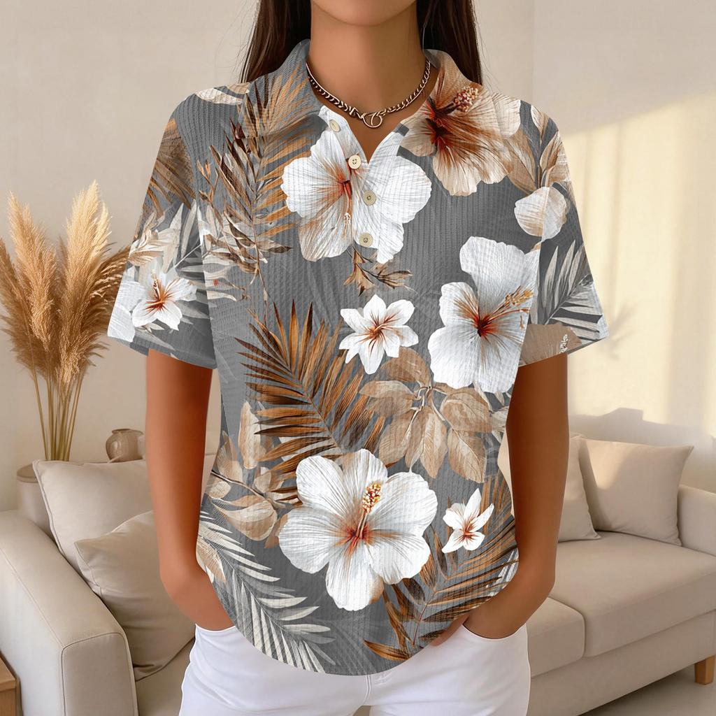 Women Casual Short Sleeve Hawaiian Print Waffle Knit Polo Shirt Lightweight Breathable Summer Top Relaxed Fit