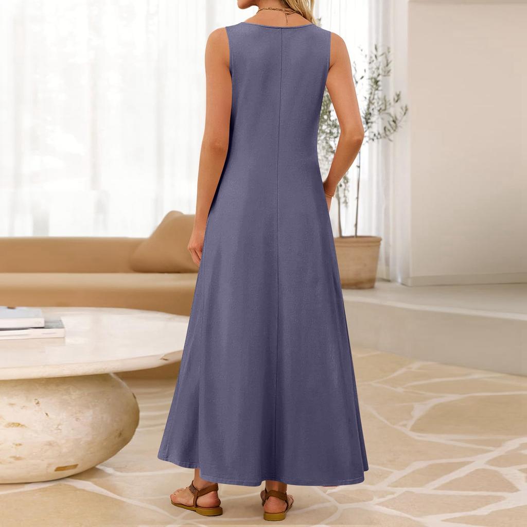 Damen Ärmelloses Lässiges Lockeres Langes Maxikleid Rundhalsausschnitt Basic Stil Strandurlaub Sommerkleid mit Dehnbarem Stoff