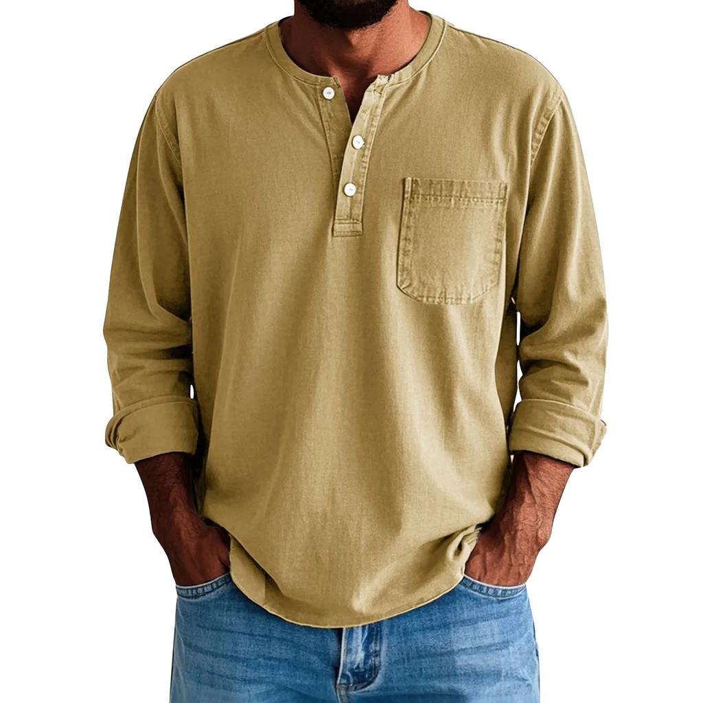 Men's Solid Color Distressed Button Collar Long Sleeve Tops Men's Casual Fashion Tops
