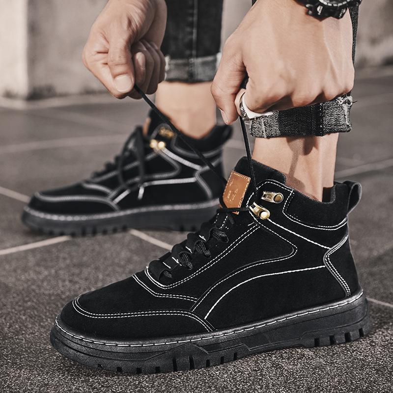 men's winter warm plus velvet British style tooling boots high-top leather men's shoes couple large size boots men'2024