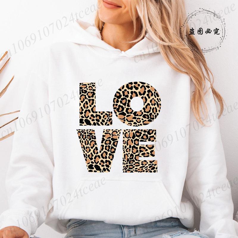 Women Hoodies Tops Funny Heart Leopard Print Hoodie Fashion Clothing Casual Female Sweatshirts Heart Leopard Fashion Streetwear
