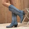 Western Style Embroidery Denim Mid Calf Boots For Women Pointed Toe Vintage Booties Low Hoof Heels Riding Equestrian Shoes