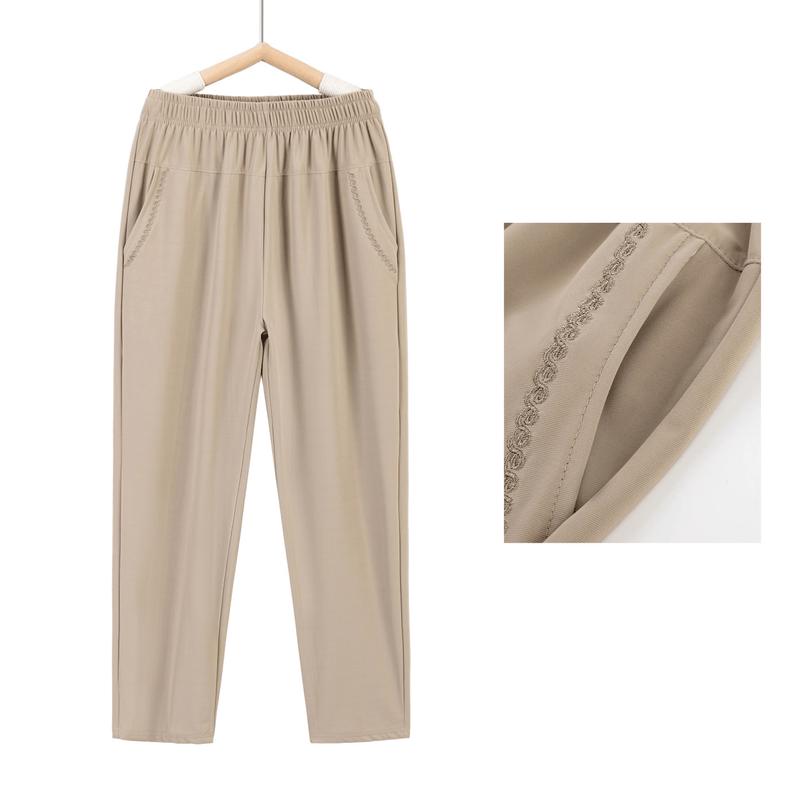 Women's Elastic Waist Casual Embroidered Trousers for Mature Ladies