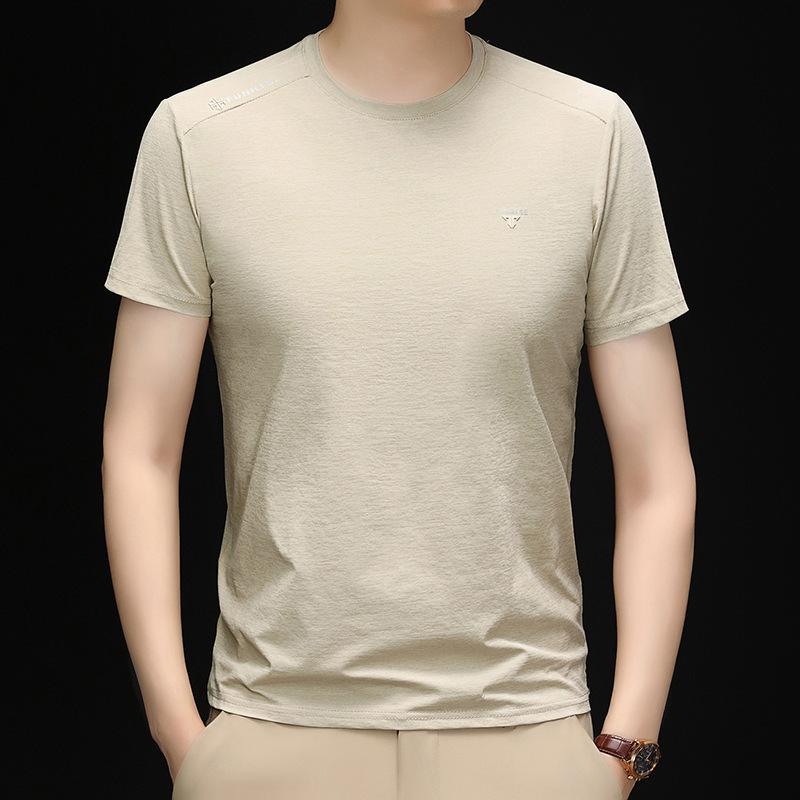 Men's Stretchy Breathable Ice Silk Short-Sleeve T-Shirt - Round Neck, Solid Color, Versatile Casual Base Layer for Summer.