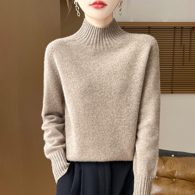 Women's 100% Pure Wool Half-High Neck Long-Sleeve Pullover Sweater - Thickened Base Layer for Autumn and Winter