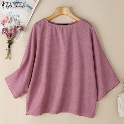 Women Casual Round Neck 3/4 Sleeve Loose Plain Blouse