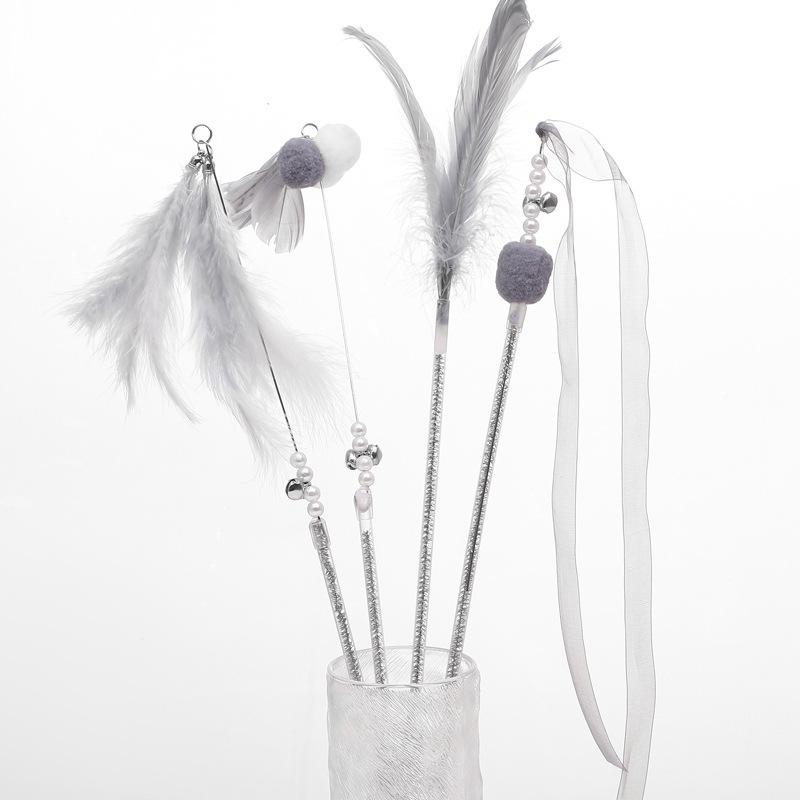 Simulation Feather Interactive Cat Toy Satin Ribbon Bell Cat Stick Toys Kitten Playing Teaser Wand Supplies Accessories