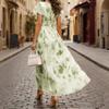 Women's V Neck Ruffle Sleeve Floral Print Waist Cinch Maxi Dress Lightweight Chiffon Elegant Vacation Dress