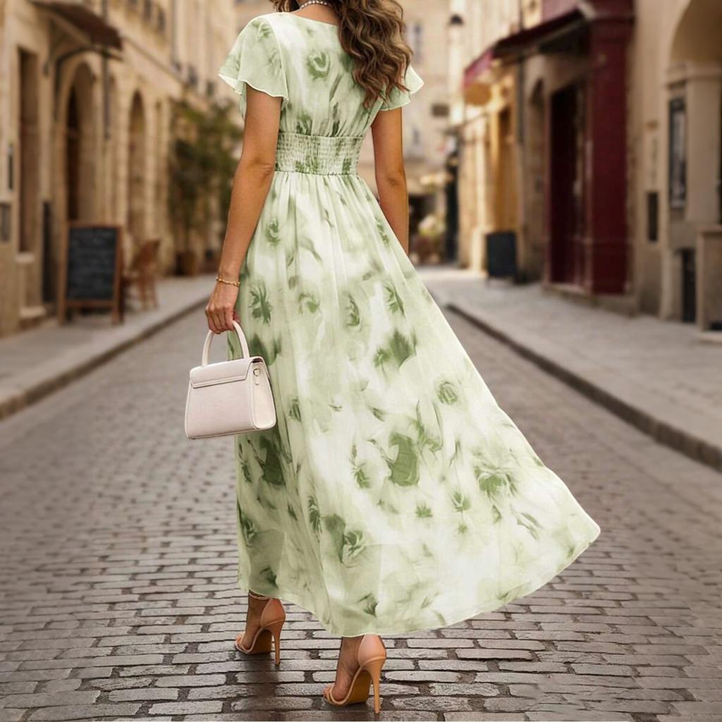 Women's V Neck Ruffle Sleeve Floral Print Waist Cinch Maxi Dress Lightweight Chiffon Elegant Vacation Dress