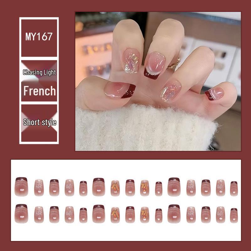 

3D Переливающиеся Ногти Омбре Кошачий Глаз со Стразами - Полный Размер Накладные Ногти Телесного Цвета